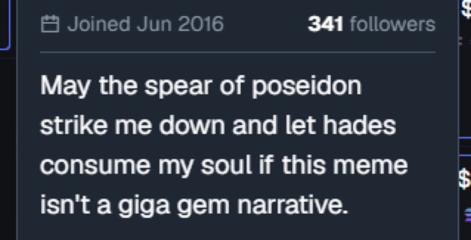 A social media profile snippet showing a user joined Jun 2016 with 341 followers, featuring the text: 'May the spear of poseidon strike me down and let hades consume my soul if this meme isn't a giga gem narrative.'