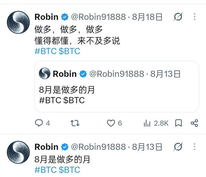 The image shows a Twitter/X post by verified user Robin (@Robin91888) with two tweets: an August 18 post reading "做多，做多，做多 懂得都懂，来不及多说 #BTC $BTC" quoting an earlier August 13 tweet that says "8月是做多的月 #BTC $BTC". The post has 4 replies, 6 likes, and 2.8K views. The caption complements the original post's bullish BTC stance, emphasizing aggressive long positions and disciplined exits, with the Chinese text roughly translating to "When it's time to go long, I'll go all in; when it's time to defend, I'll cut losses without hesitation—those who understand, like this."