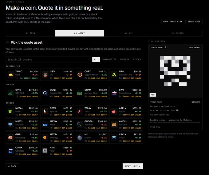 The image shows the "Launch a Coin" interface on PIT's platform, specifically step "02 Asset" where users can choose from 22 tokenized assets to quote their coin, including commodities like XAURO ($4,130) and COPPX ($86.21), indices like SPYX ($774.14) and QQQX ($754.49), and stocks like NVDAx ($237.18), SPXK ($167.93), and TSLAx ($378.54). The screenshot directly illustrates the post's message about choosing a quote asset (gold, Nvidia, or S&P 500 as examples), with the "quote asset ?" live preview shown on the right and a "NEXT: BUY" button at the bottom.