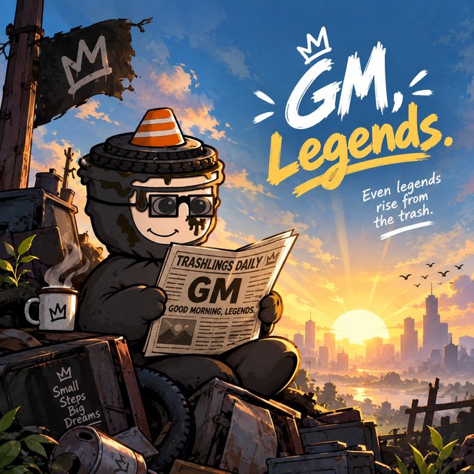 A stylized illustration of a trash-dwelling character reading the 'Trashlings Daily' newspaper with the headline 'GM - Good Morning, Legends', accompanied by the tagline 'Even legends rise from the trash.'