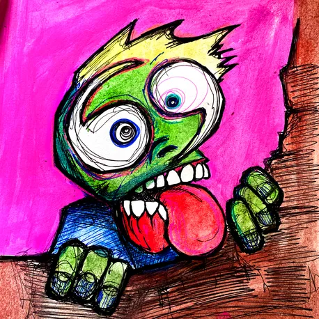 A colorful drawing of a green zombie-like character with bulging eyes, spiky yellow hair, and a red tongue sticking out against a bright pink background.