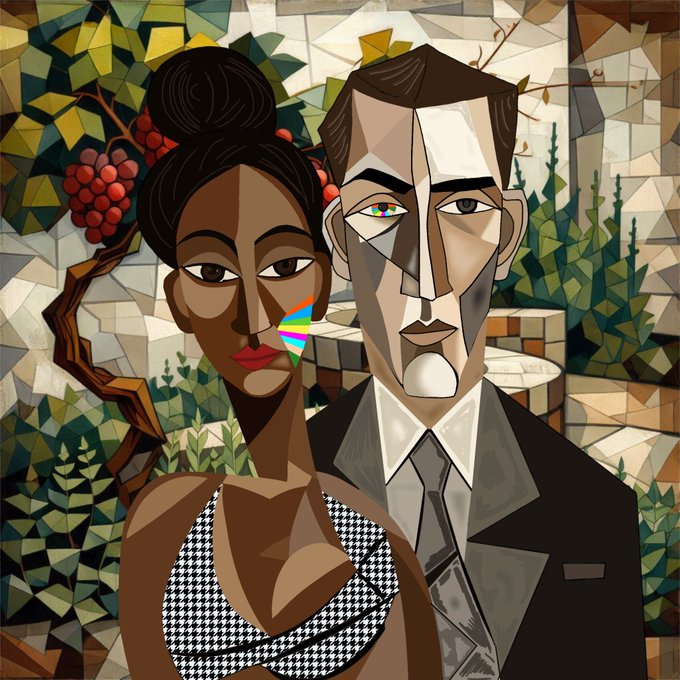 A cubist-style digital painting of a woman in a houndstooth top and a man in a suit, set against a background of grape vines.