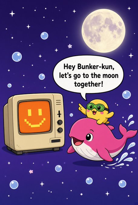 A cartoon illustration of a smiling computer monitor, a pink whale, and a small yellow character saying 'Hey Bunker-kun, let's go to the moon together!' against a starry night sky.