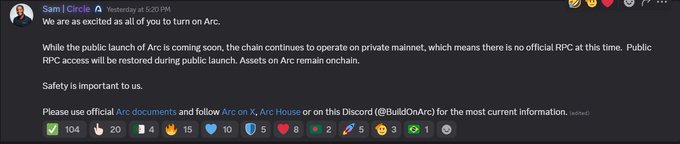 A Discord message from Sam | Circle announcing the Arc public launch: 'We are as excited as all of you to turn on Arc', noting public RPC access is coming soon.