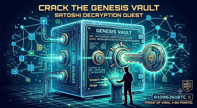 Cryptocurrency promotional graphic titled 'CRACK THE GENESIS VAULT - SATOSHI DECRYPTION QUEST' showing a glowing digital vault with a person at a terminal, featuring Bitcoin wallet addresses and the handle @1096361BTC.