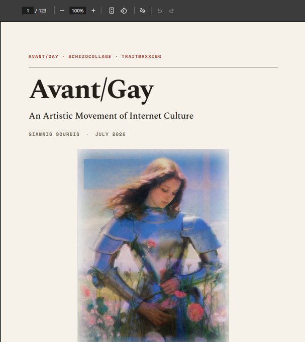 An article titled 'Avant/Gay: An Artistic Movement of Internet Culture' by Giannis Sourdis, dated July 2026, featuring a composite image of a woman in armor amidst flowers.