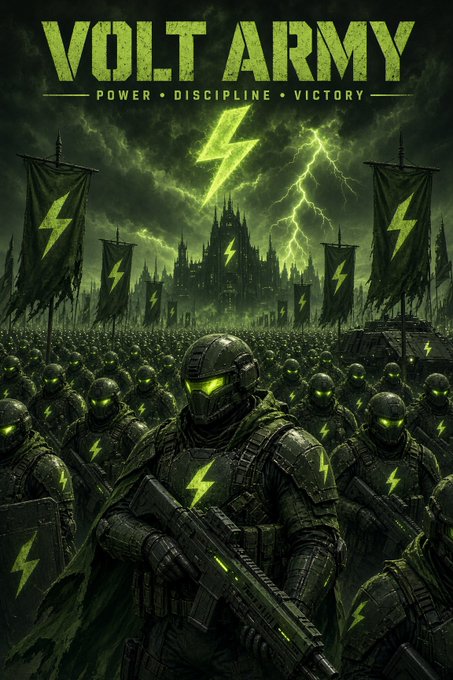 A dark, militaristic digital artwork titled 'VOLT ARMY' with the tagline 'POWER • DISCIPLINE • VICTORY', depicting an army of soldiers with glowing green eyes under a stormy sky.