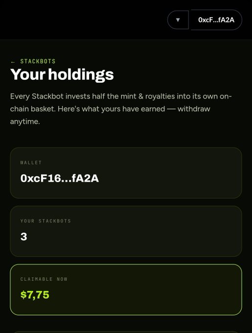 Screenshot of the STACKBOTS holdings page showing wallet address 0xcF16...fA2A, 3 Stackbots owned, and a claimable amount of $7.75.