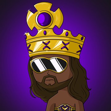 A cartoon illustration of a character wearing a gold crown with X symbols and reflective sunglasses against a purple background.