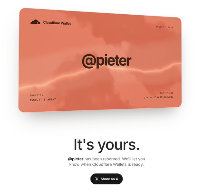 The image shows an orange Cloudflare Wallet card displaying the reserved handle "@pieter," with details including "August / 2024," "Identity / Account & Agent," and "pieter.cloudflare.pay" marked as "One of One." Below the card, text confirms "@pieter has been reserved. We'll let you know when Cloudflare Wallets is ready," accompanied by a "Share on X" button. This aligns with the post announcing the user's successful reservation of their Cloudflare Wallet handle.