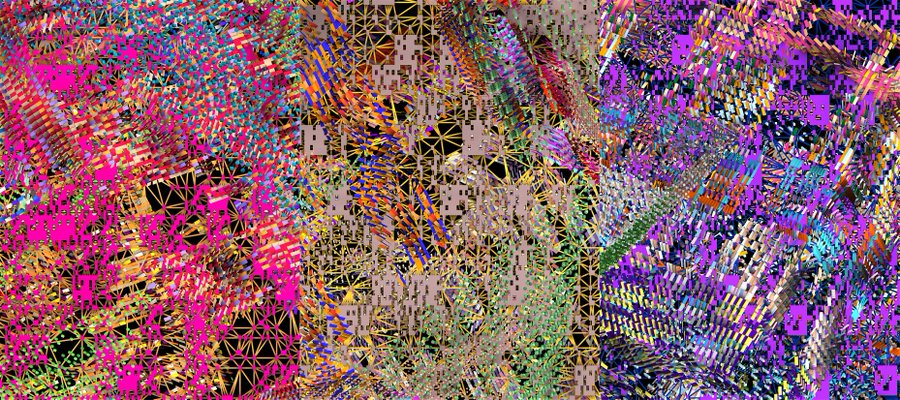 A highly colorful abstract digital piece with chaotic, overlapping geometric patterns and glitchy textures in pink, purple, orange, and black.