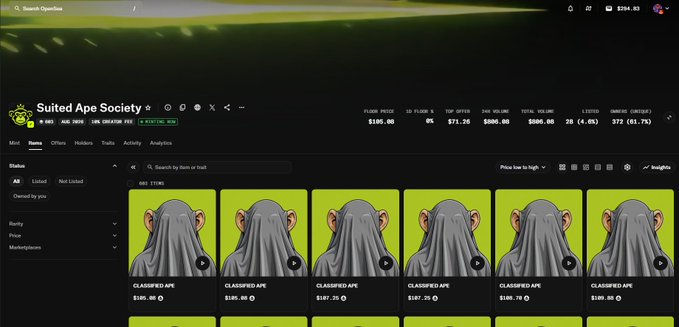 The image displays an OpenSea NFT marketplace listing for "Suited Ape Society," showing 3,985,142 items owned by a single account, with floor prices around $185 and the collection tied to the 0.0435 ETH free mint mentioned in the post. The screenshot features rows of identically suited ape NFTs in gray suits against bright green backgrounds, with prices ranging from $185.35 to $197.35.