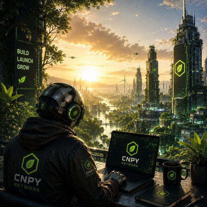A futuristic sci-fi scene of a person in tactical gear working on a laptop branded 'CNPY NETWORK' overlooking a green eco-city with skyscrapers and a 'BUILD LAUNCH GROW' sign.