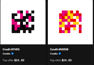 Two pixel art collectible credits are shown for sale, "Credit #71413" featuring pink and black designs and "Credit #55658" with pink and yellow designs, both listed at a top offer of $24.93.