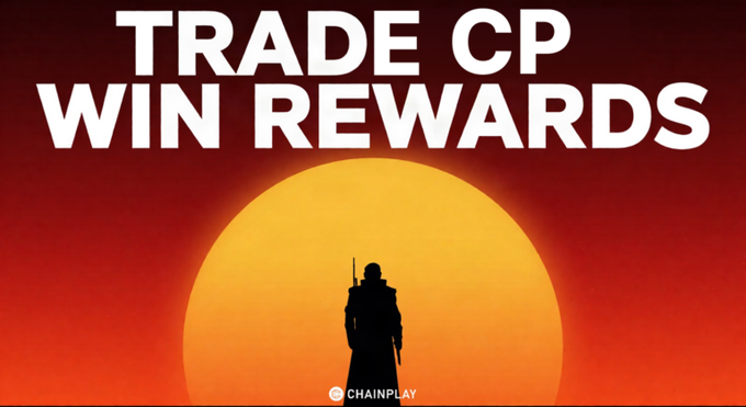 A promotional graphic for Chainplay with white text reading 'TRADE CP WIN REWARDS' against a red and orange sunset background featuring a silhouetted figure holding a staff.