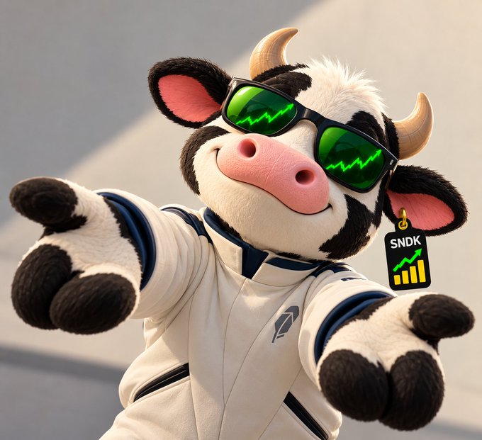 A 3D-rendered cartoon cow wearing green reflective sunglasses and a white jacket strikes a pose, with an earring tag reading 'SNDK' and a small chart with an upward arrow.