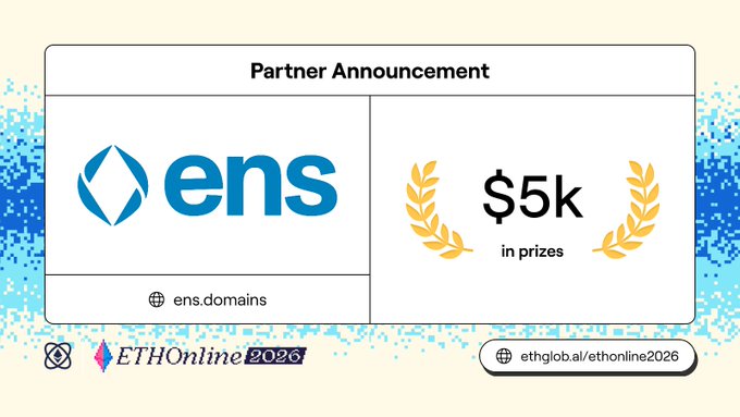 A 'Partner Announcement' graphic for ETHOnline 2026 featuring the 'ens' logo with 'ens.domains' and a '$5k in prizes' badge flanked by golden laurels, with the link 'ethglobal.al/ethonline2026' at the bottom.