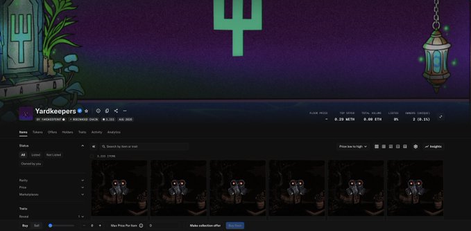 A dark-themed NFT marketplace webpage displays the 'Yardkeepers' collection, featuring a grid of character NFT listings with pricing and sorting options.
