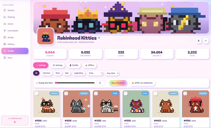 A pink-themed NFT marketplace interface showing 'Robinhood Kitties' collection with stats like 0.044 floor price, 225 listed, and 34,604 volume, displaying various pixel-art cat NFT listings priced in ETH.