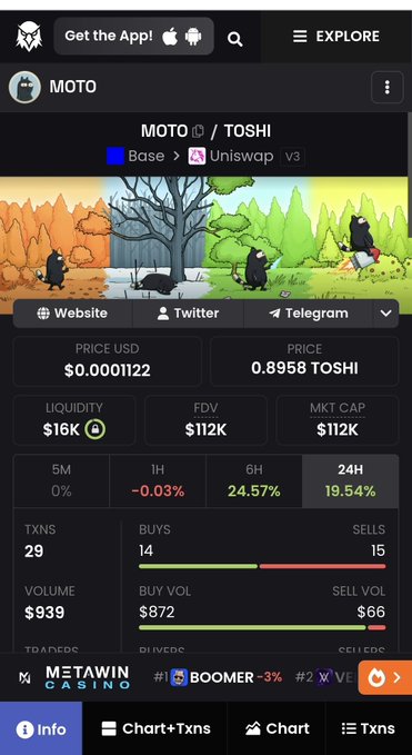 The image shows a screenshot of an app called MOTO, which is used for trading cryptocurrencies like Bitcoin. The app has a black background with white text that displays information about the app's features and benefits. It also includes a chart showing the performance of various cryptocurrency projects over time. The post suggests that MOTO could be a good fit for anyone interested in investing or trading cryptocurrencies due to its focus on attracting attention, liquidity, and mindshare within the ecosystem.