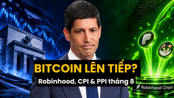 A YouTube-style thumbnail featuring a man in a suit with the text 'BITCOIN LÊN TIẾP? Robinhood, CPI & PPI tháng 8' and a Shiba Inu dog logo.