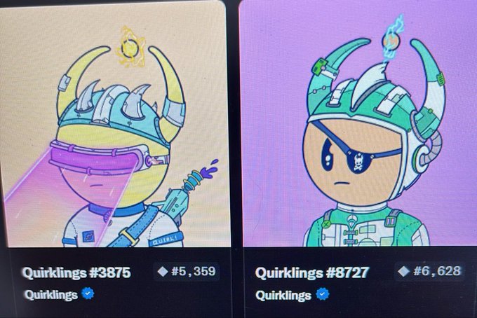 Two digital NFT collectibles called 'Quirklings' (#3875 and #8727) featuring cartoon characters wearing horned helmets with values of 5,359 and 6,628.