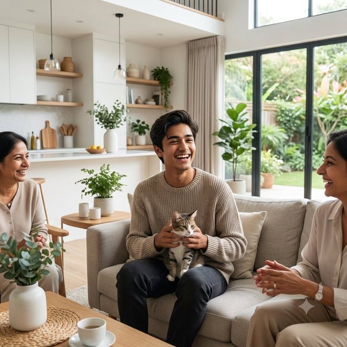 A young man holding a small kitten sits on a light-colored couch, laughing while two smiling women sit beside him in a bright modern living room.
