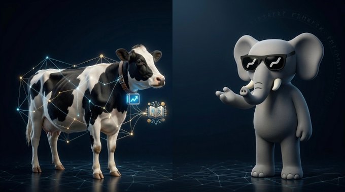 A digital illustration showing a black-and-white cow with network nodes overlaid on its body and a microchip icon, facing a gray cartoon elephant wearing sunglasses and gesturing with its trunk against a dark background.