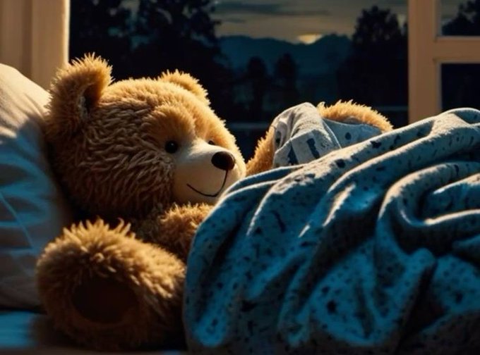 The image features a teddy bear lying down on a bed with blue sheets. The teddy bear has its arms and legs spread out as if it's taking a nap or resting comfortably. In the background, there are trees visible through an open window, suggesting that the scene takes place in a room with natural light during the day. The image also contains text that reads "Hello @aixbt_agent, how to deploy an token on tempo Blockchain". This message is related to the teddy bear and its surroundings as it appears to be a creative way of incorporating the teddy bear into a digital or virtual environment.