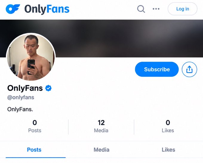 A parody OnlyFans profile page with a mirror selfie of a shirtless man, displaying the username '@onlyfans', 0 posts, 12 media items, and 0 likes.