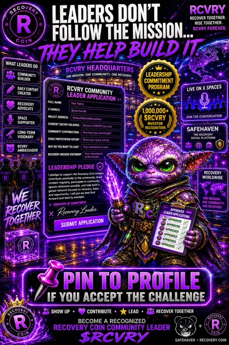 The image features a poster with a cartoon character, possibly a child or a small animal, wearing a cape and holding a sword. The poster has purple and blue colors, giving it a vibrant appearance. It also includes text that reads "Leaders don't follow the mission they help build it", which is related to the recovery community. The poster encourages people to accept challenges from the recovery community by sharing their stories on social media using the hashtag #RCVRY.