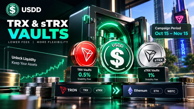 A promotional graphic for USDD cryptocurrency featuring "TRX & sTRX VAULTS" with TRON Vaults at 0.5% stability fee and sTRX Vaults at 1% stability fee, campaign period Oct 15 - Nov 15.