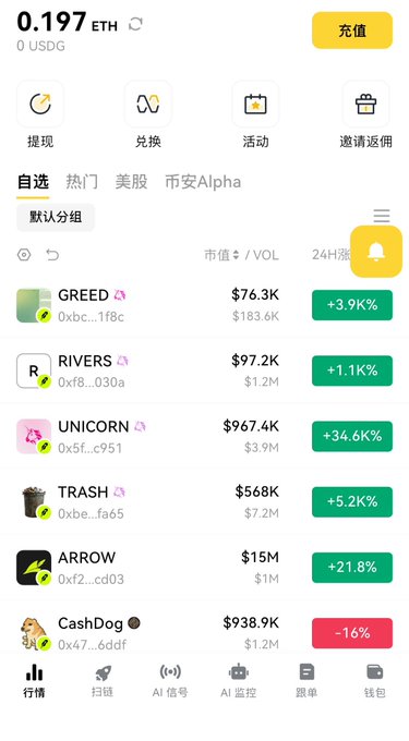 A mobile cryptocurrency trading app screenshot showing an ETH balance of 0.197, with a market list featuring tokens like GREED, RIVERS, UNICORN, TRASH, ARROW, and CashDog with their 24-hour price changes.