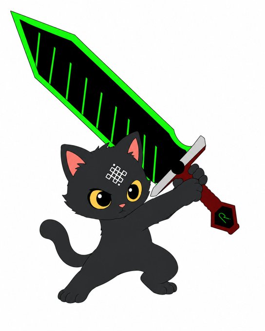 A cute black cartoon cat with a grid mark on its forehead wields a large green-and-black sword in a dynamic pose. The image playfully represents a "warrior" or guardian figure, likely symbolizing the strength and power of RitualNet's AI infrastructure as a "new execution layer" for blockchain applications.