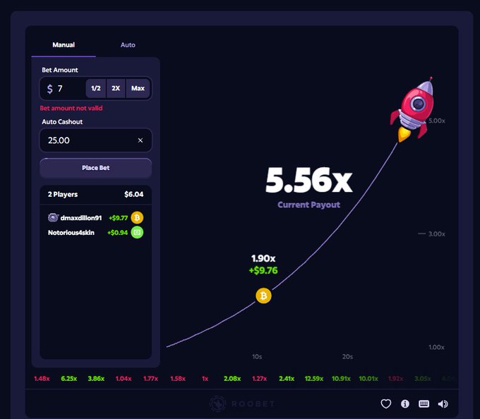 Screenshot of a Roobet crash gambling game showing a 5.56x current payout with a rocket-themed multiplier graph and player bets.