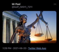 A Twitter post by Mr Pool (@llooP_r/M31L_7211) dated June 20, 2021, shows a Lady Justice statue holding scales against a sunset, accompanying a message about XRP counting to the 206th day in a 7/25 sequence.