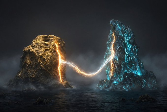 A digital artwork depicting two large rocky formations rising from a misty sea, connected by a glowing energy stream, with the left rock glowing orange and the right rock glowing blue.