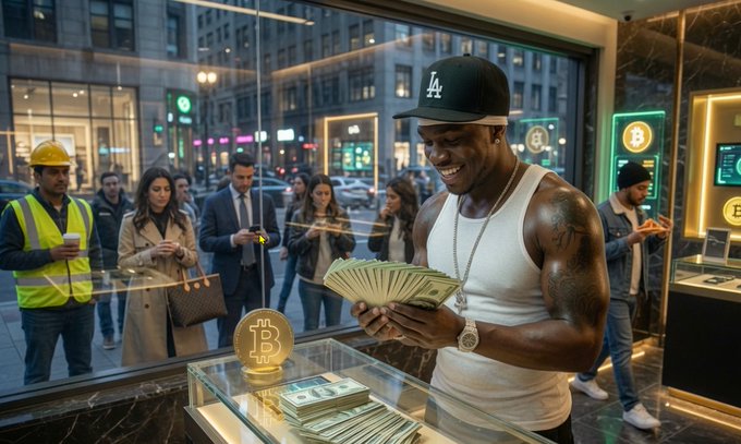 The image shows a man holding up a large stack of money, possibly Bitcoins, while standing outside a store or a building with a glass window display. The people around him appear to be waiting for something or someone, suggesting that they are not yet ready to make a purchase. This scene is reminiscent of the post "People who wait for the Bitcoin bottom never buy, they are like @50cent said, they are window shoppers." which highlights how some individuals might be interested in Bitcoin but have not yet invested in it due to various reasons such as lack of knowledge or financial constraints.