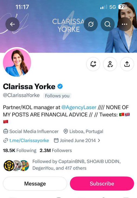 A Twitter/X profile for Clarissa Yorke (@ClarissaYorke), a Partner/KOL manager at @AgencyLaser based in Lisboa, Portugal, with 2.3M followers.