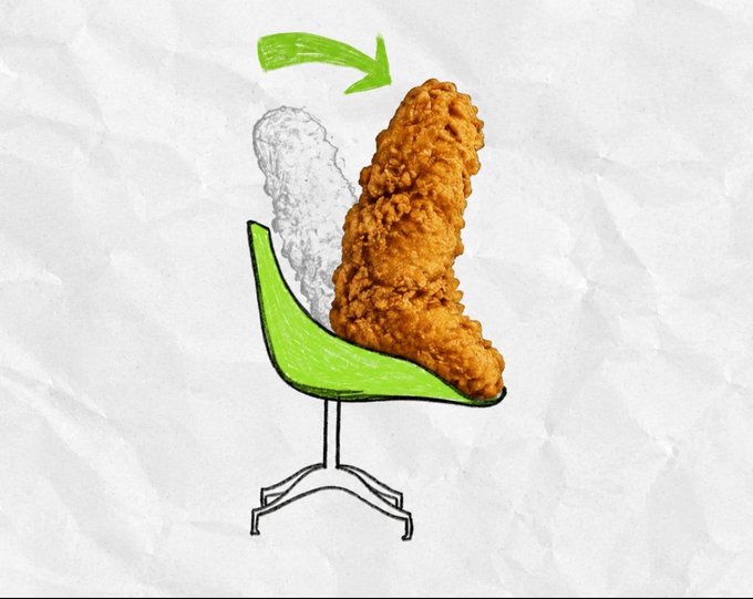 A sketch of a green chair with a fried chicken tender resting on the seat, accompanied by a green arrow and a pencil-shaded outline showing where the chicken should be placed.