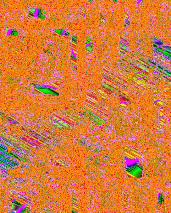 An abstract, brightly colored image features an orange textured overlay with fragmented glimpses of green, pink, and purple striped patterns showing through.