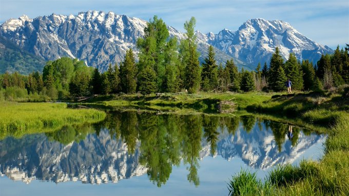 A scenic landscape featuring snow-capped mountains reflected in a calm pond, surrounded by evergreen trees with a person standing on the right bank.