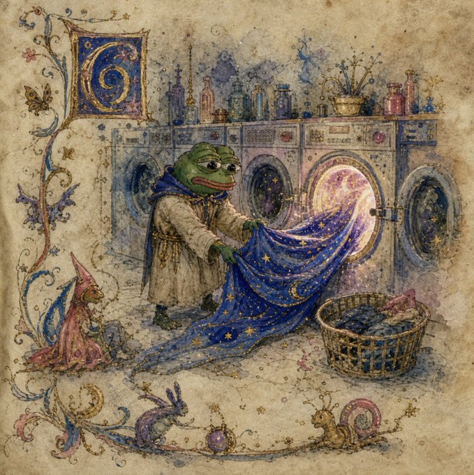 urns of gold and blue, a frog with a green face, and a basket of pink flowers are depicted in an illustration.