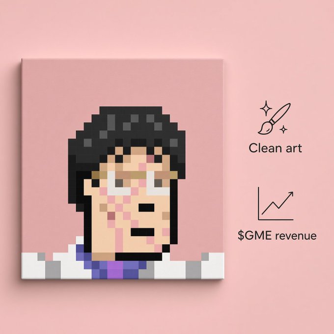 Pixel art illustration of a character with dark hair on a pink background, accompanied by text reading 'Clean art' and '$GME revenue' next to icons of a paintbrush and an upward-trending graph.