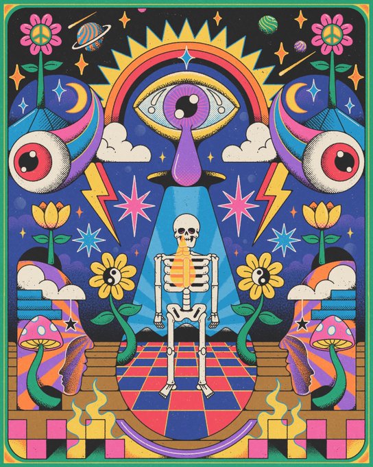 A vibrant psychedelic illustration featuring a skeleton standing on a checkered disco ball, surrounded by mystical elements including a third eye, mushrooms, planets, stars, and flowers in bold neon colors.