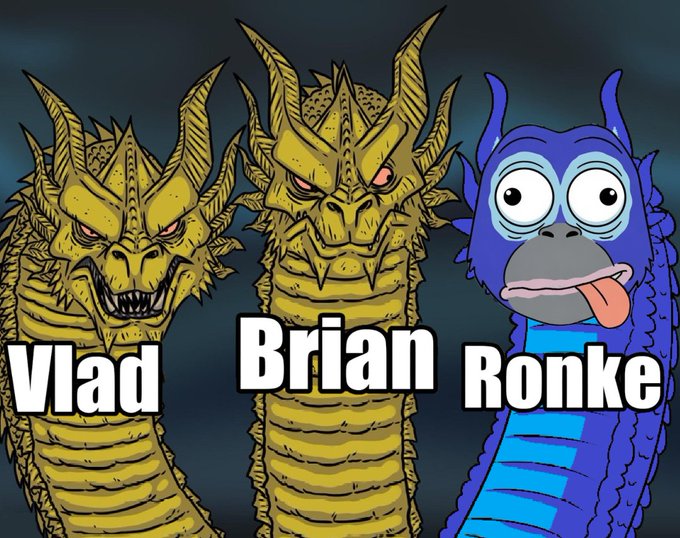 The image features three cartoon dragons labeled "Vlad," "Brian," and "Ronke," set against a dark background, directly referencing the "Choose Your Warrior Wisely" prompt from the "Battle of Chains" announcement.