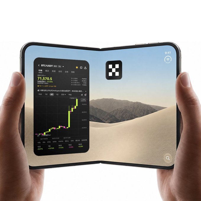A foldable smartphone is held open to display a desert wallpaper, an app icon, and a Bitcoin price chart labeled “BTC/USDT” at 71,570.5.