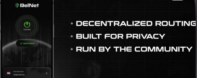A promotional banner for 'BelNet' displaying key features: 'DECENTRALIZED ROUTING', 'BUILT FOR PRIVACY', and 'RUN BY THE COMMUNITY', alongside an interface showing connection status and EUR routing information.