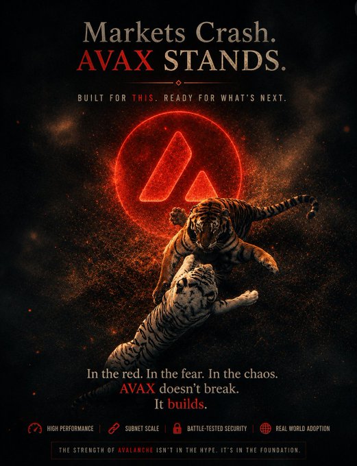 A dramatic promotional poster for Avalanche ($AVAX) features a leaping tiger above a white tiger against a glowing red Avalanche logo, with the bold headline "Markets Crash. AVAX STANDS." and tagline "Built for THIS. Ready for what's next." The image's imagery of fierce, untamed tigers and its message of resilience during market downturns ("In the red. In the fear. In the chaos. AVAX doesn't break. It builds.") visually reinforces the post's theme of AVAX's strength and reliability being forged through tough market conditions rather than hype.