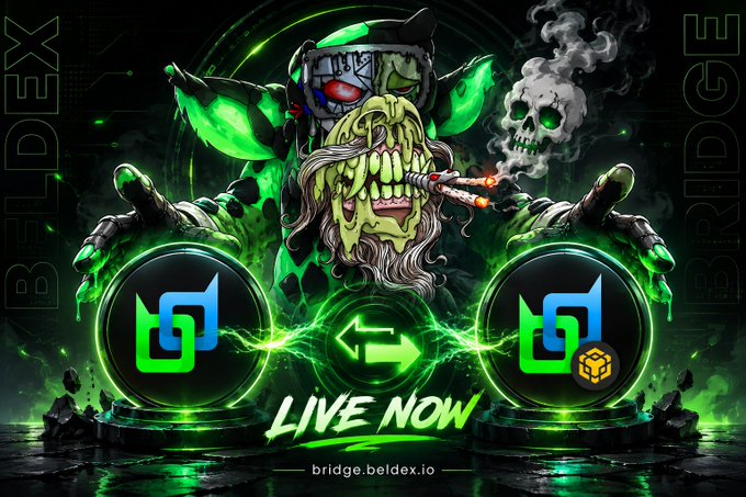 A green, menacing goblin-like character smoking a cigar stands above two glowing platform logos connected by arrows, with text reading "LIVE NOW" and "bridge.beldex.io," alongside vertical "BELDEX" and "BRIDGE" text on the sides—visually representing the newly launched Beldex bridge that enables seamless asset transfers between the Beldex native chain and BNB Smart Chain.